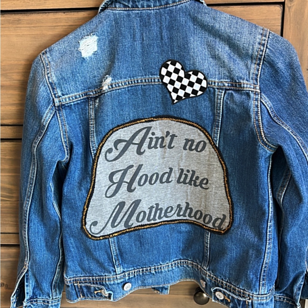 Upcycled Jean jacket.  Handmade.  Show everyone how you feel about Motherhood!